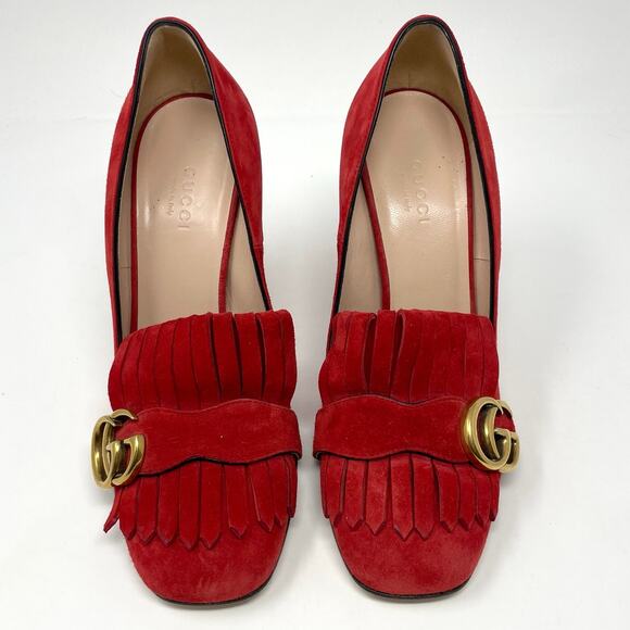 Gucci Marmont Interlocking GG Red Suede Leather Block Heel Fringe Pumps EU 37.5 - Picture 8 of 14